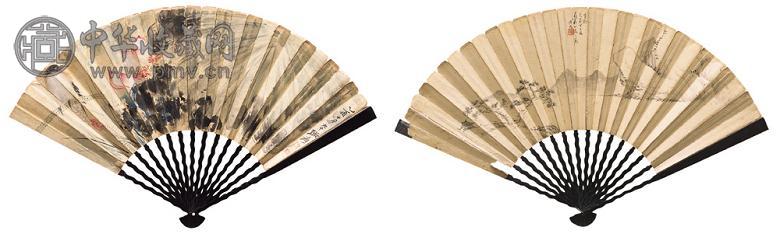 张大千 僧陀 乙酉(1945年)作 荷花图 山水 成扇 设色纸本