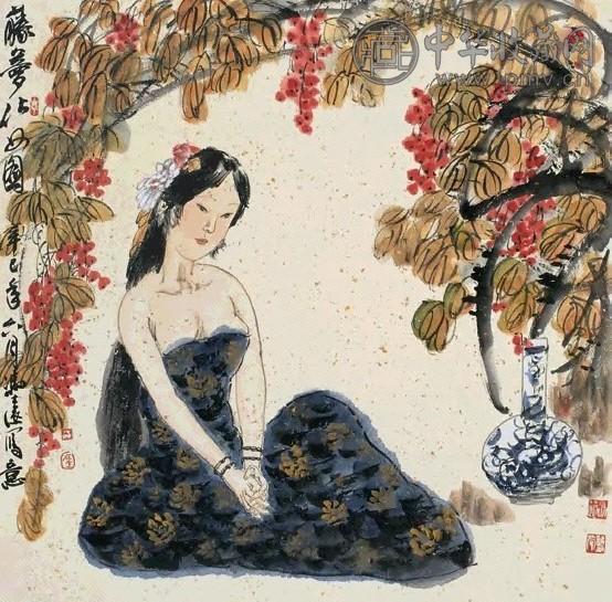 冯远 藤萝仕女图 立轴 设色纸本