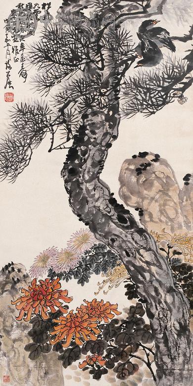 谢公展 1938年作 松鸟菊石图 镜心 设色纸本