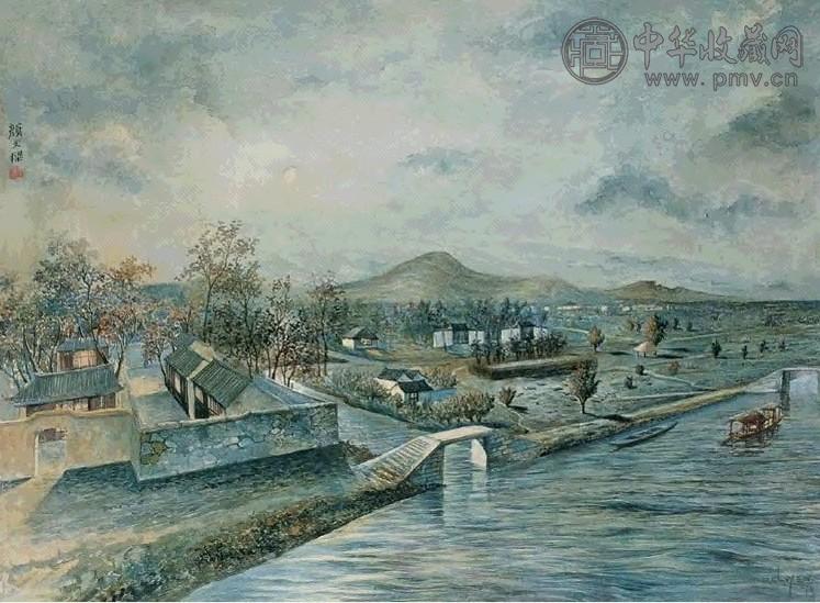 颜文梁 1918年作 月下小镇 水彩 纸本