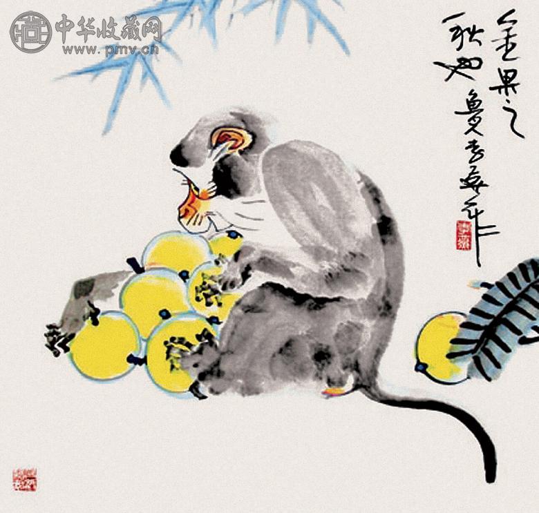 李燕 现代 猴子 设色纸本