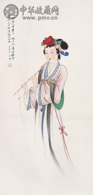 胡也佛 1950年作 吹箫仕女 立轴 设色纸本