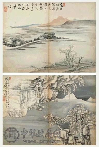 马逸 山水 册页(12开选2) 设色纸本