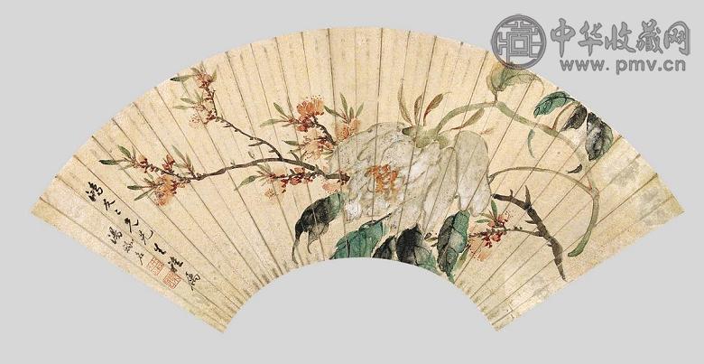 汤禄名 花卉 扇面 金笺