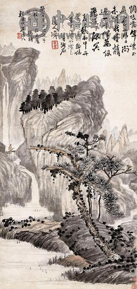 原济 黄山松风图 立轴 设色纸本