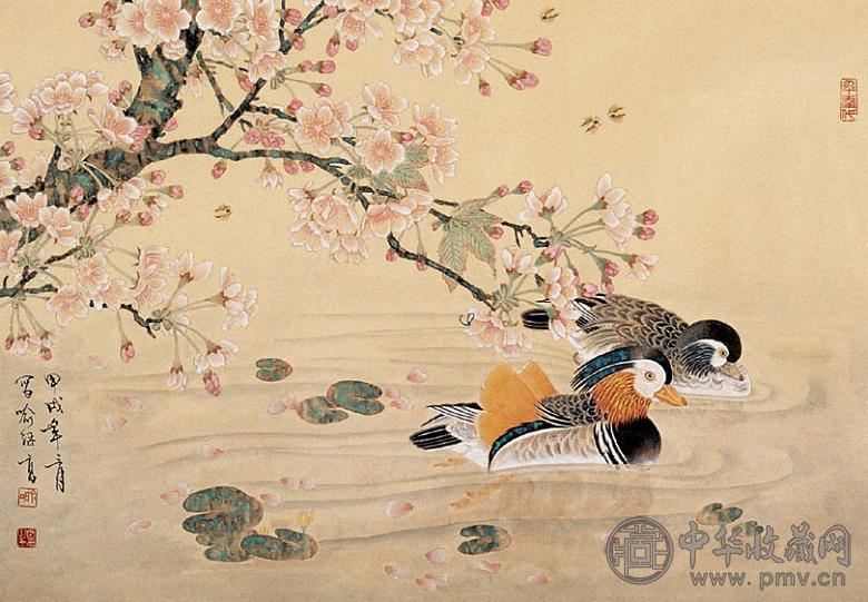 喻继高 桃花鸳鸯 镜心 设色纸本