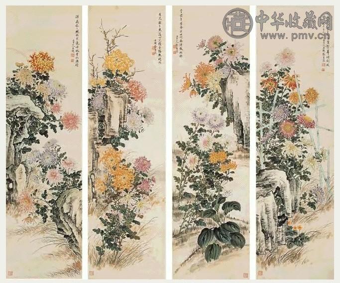 缪谷瑛 菊花 四屏 设色纸本