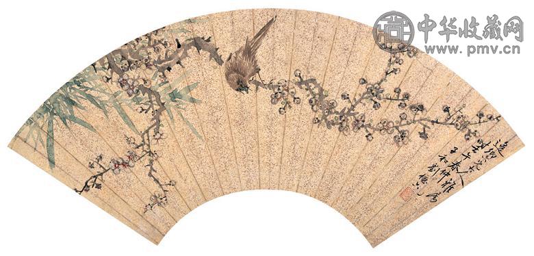 刘德六 1862年作 梅雀图 扇面片 设色纸本