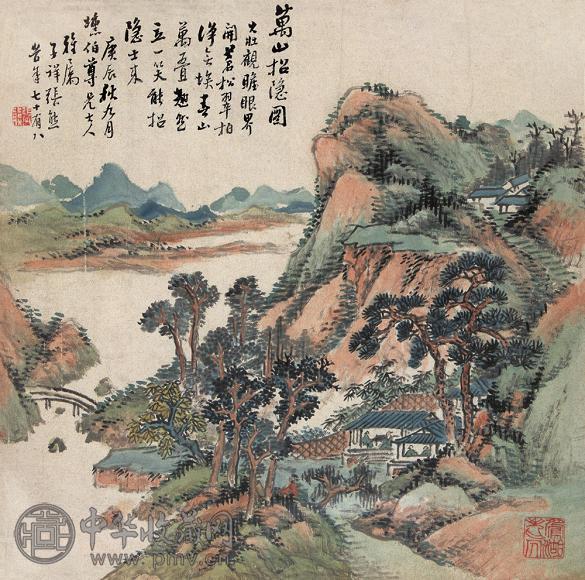 张熊 1880年作 万山招隐图 框 设色纸本