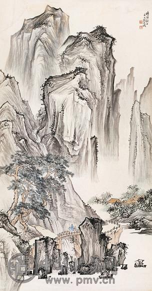 刘子久 1938年作 松山观瀑 立轴 设色纸本