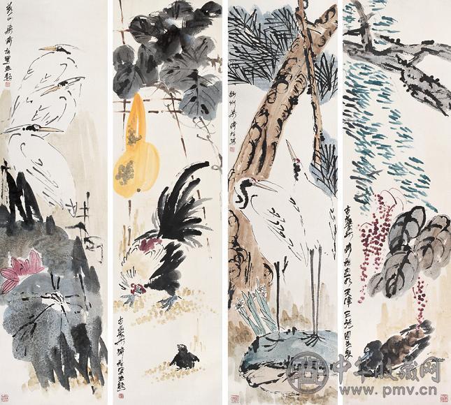 梁崎 当代 花鸟屏 立轴 设色纸本