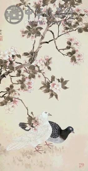陈之佛 桃花双鸽 镜心 设色纸本