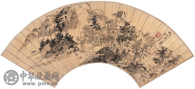 李流芳 戊辰(1628年)作 山水 扇面 水墨金笺