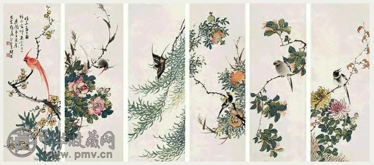 胡汀鹭 花鸟 六屏 设色纸本