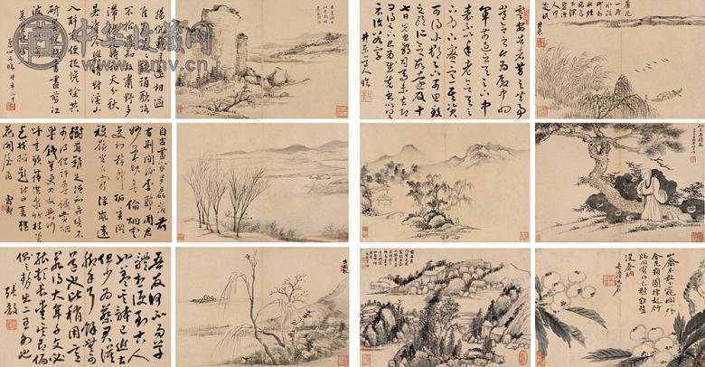 邹一桂 罗聘 毕涵 项穆之 书画合璧 册页(12开) 水墨、设色纸本