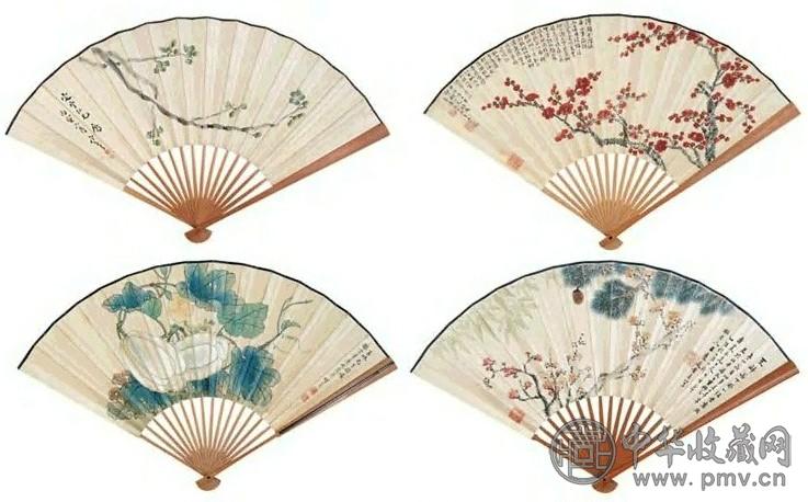 袁克文 松梅花果 四件 扇面 设色纸本