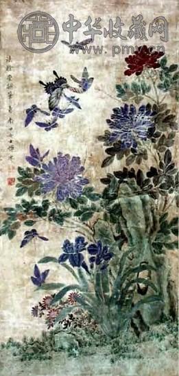 恽冰(款) 花蝶 立轴 设色绫本