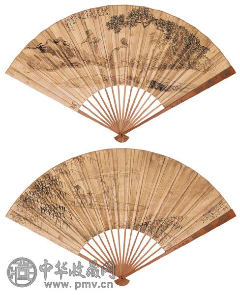 王礼 费以耕 1927年作 访贤图 泛舟清赏图 成扇 设色泥金笺