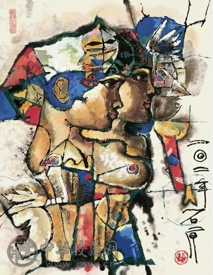 石虎 人物 镜心 设色纸本