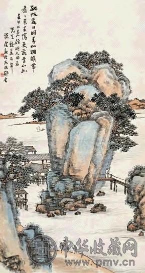 诸健秋 1942年作 湖滨读书图 立轴 设色纸本