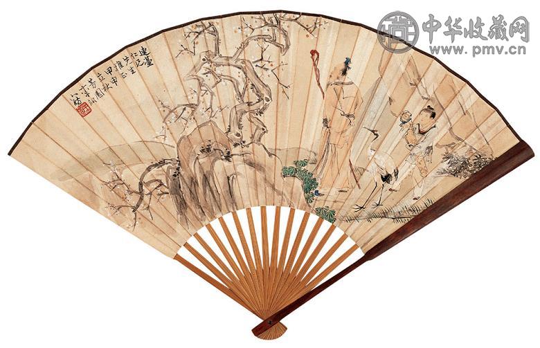 李芳园 朱元树 甲申(1944年)作 梅妻鹤子 行书 成扇 设色纸本