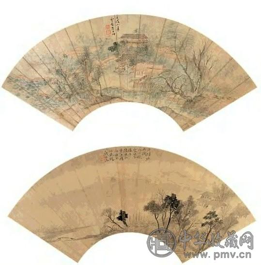 翟大坤 1802年作 柳塘书屋 江楼听雨图 扇面 设色纸本