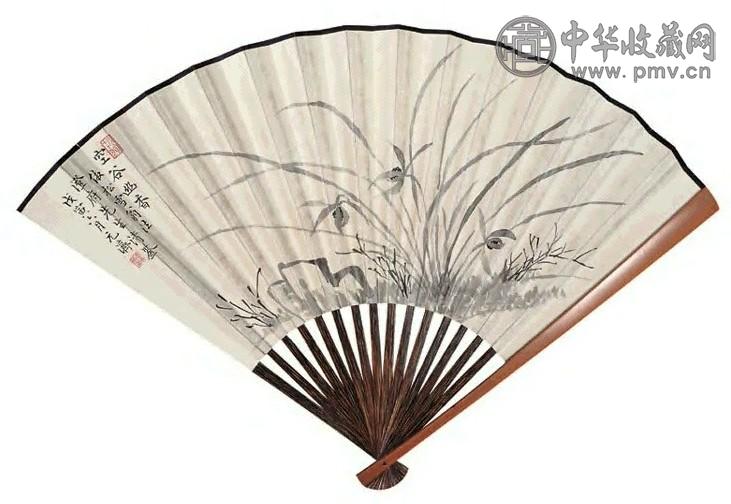 庞元济 1938年作 幽兰图 隶书 扇面 水墨笺本