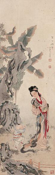 任率英 蕉下携婴 立轴 设色纸本
