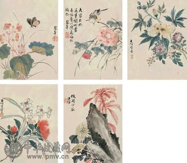 翟继昌 花卉 册页(5开) 设色纸本