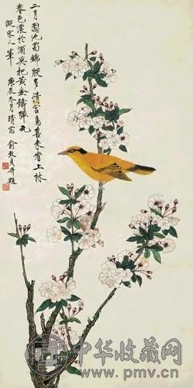 现代 俞致贞 碧桃黄鹂 轴