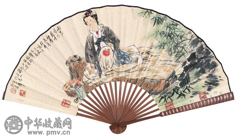 冯远 2003年作 宋人诗意 成扇 设色纸本