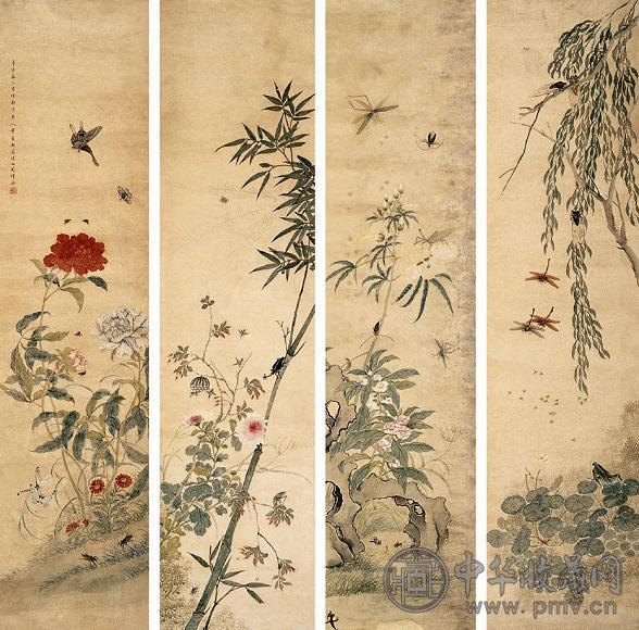 恽冰 花卉草虫 四屏 水墨纸本