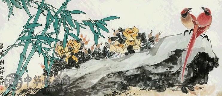 梁崎 双寿 镜心 设色纸本