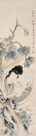 汤禄名 梧窗静思图 立轴 设色纸本