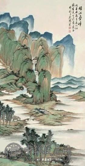 殷梓湘 烟江叠嶂 立轴 设色纸本