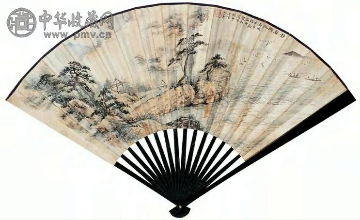 诸健秋 钱崇威 静观湖帆图 行书 成扇 设色纸本