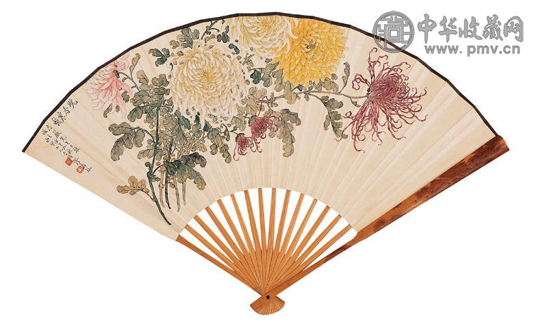 缪谷瑛 童大年 壬午(1942年)作 晚香寒艳 行书 成扇 设色纸本