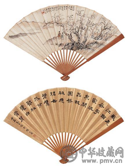 杨天骥 诸健秋 1928年作 人物 隶书 成扇 设色纸本