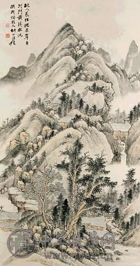 王琦 桃村流水 立轴 设色纸本