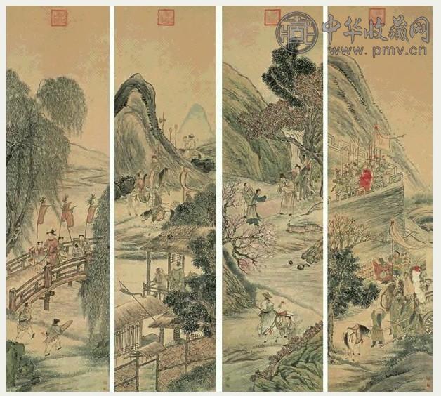 焦秉贞 人物 四屏 设色纸本