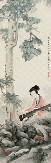 樊虚 1929年作 抚琴图 立轴 设色纸本