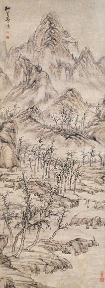 万上遴 溪桥茅舍 立轴 设色纸本