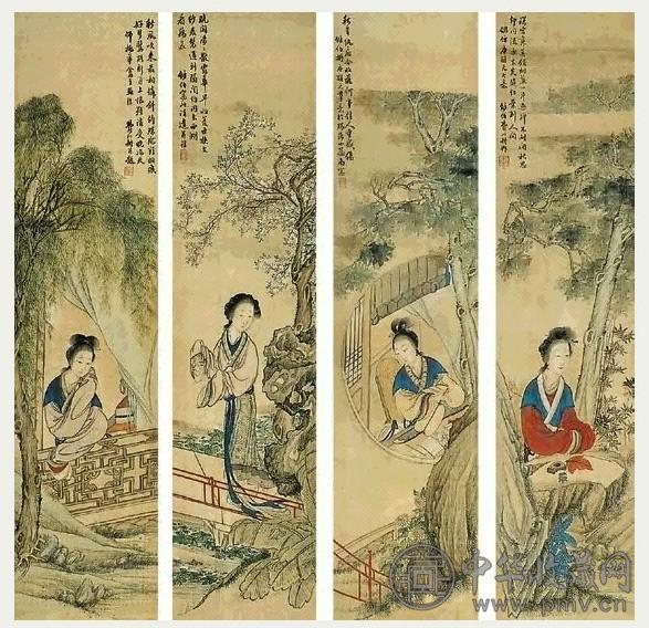 费以耕 仕女 八屏 纸本设色