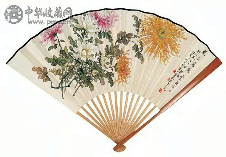 缪谷瑛 1943年 1942年作 晚香寒艳图 篆书 扇面 设色笺本