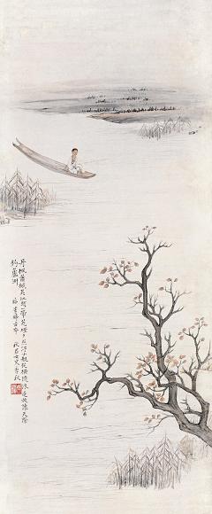 李秋君 溪艇渔钓 立轴 设色纸本