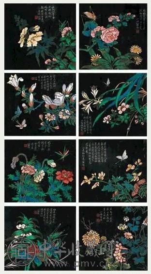 翁雒 花卉 四屏 设色纸本