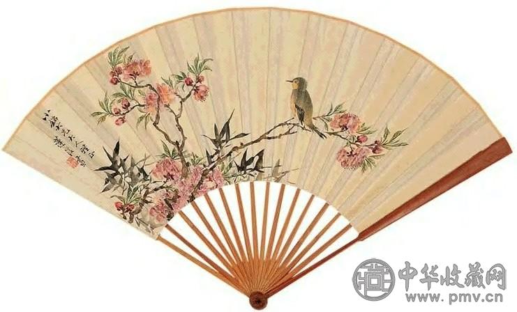 莲溪 花鸟 成扇 设色纸本