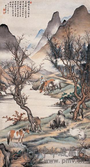 殷梓湘 丙子(1936年)作 八骏图 立轴 设色纸本