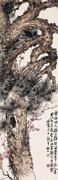 符铁年 1938年作 松梅图 立轴 设色纸本