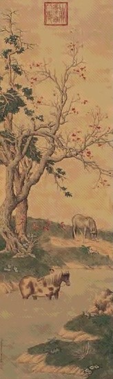 焦秉贞 双马 立轴 设色绢本